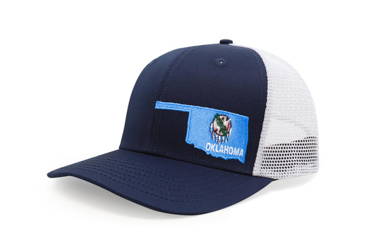 International Tie Stateline Flag Hat for Men and Women - Snapback Trucker Baseball Cap (Oklahoma, Navy White)