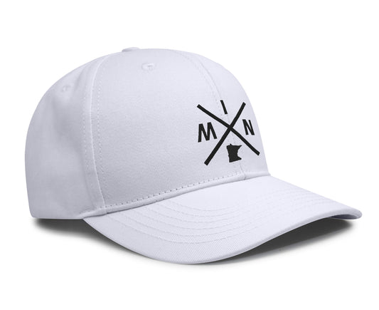 International Tie Hat for Men and Women, MIN Snapback Trucker Baseball Cap, Embroidered Cross Logo (MIN - Minnesota, All White) - International Tie
