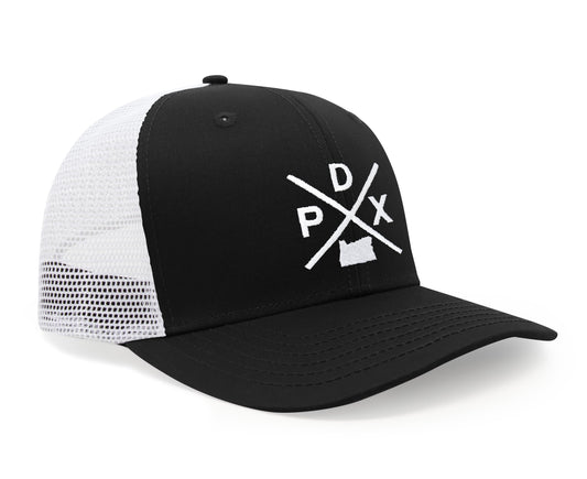 International Tie Hat for Men and Women, Snapback Trucker Baseball Cap, Embroidered Cross Logo (PDX - Portland, Black White) - International Tie