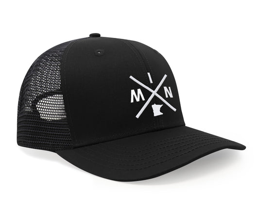 International Tie Hat for Men and Women, MIN Snapback Trucker Baseball Cap, Embroidered Cross Logo (MIN - Minnesota, All Black) - International Tie
