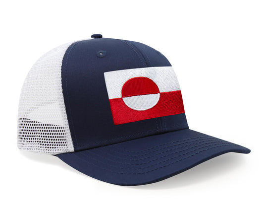 International Tie Country Hat for Men and Women, Adjustable Snapback Trucker Baseball Cap with Embroidered Patch (Greenland, Navy White) - International Tie