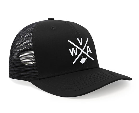International Tie State City Hat for Men and Women, Snapback Trucker Baseball Cap with Embroidered Cross Logo (West Virginia - WVA, All Black)