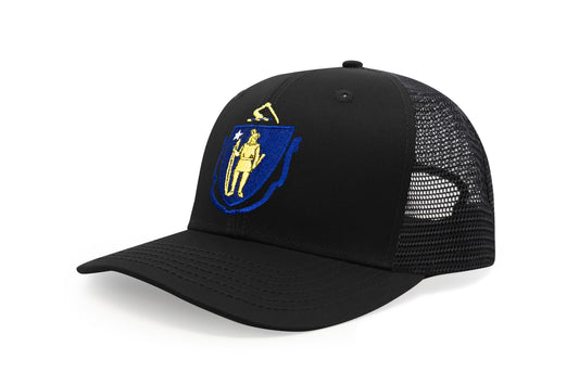 International Tie State Hat for Men and Women, Adjustable Snapback Trucker Baseball Cap with Embroidered Patch (Massachusetts, All Black) - International Tie