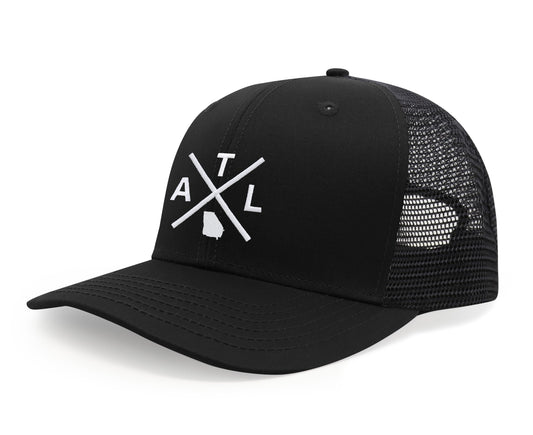 International Tie Hat for Men and Women, Snapback Trucker Baseball Cap, Embroidered Cross Logo (ATL - Atlanta, All Black) - International Tie