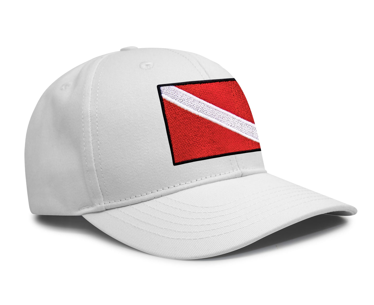 International Tie Scuba Diver Hat for Men and Women, Adjustable Snapback Trucker Baseball Cap with Embroidered Scuba Flag (All White)