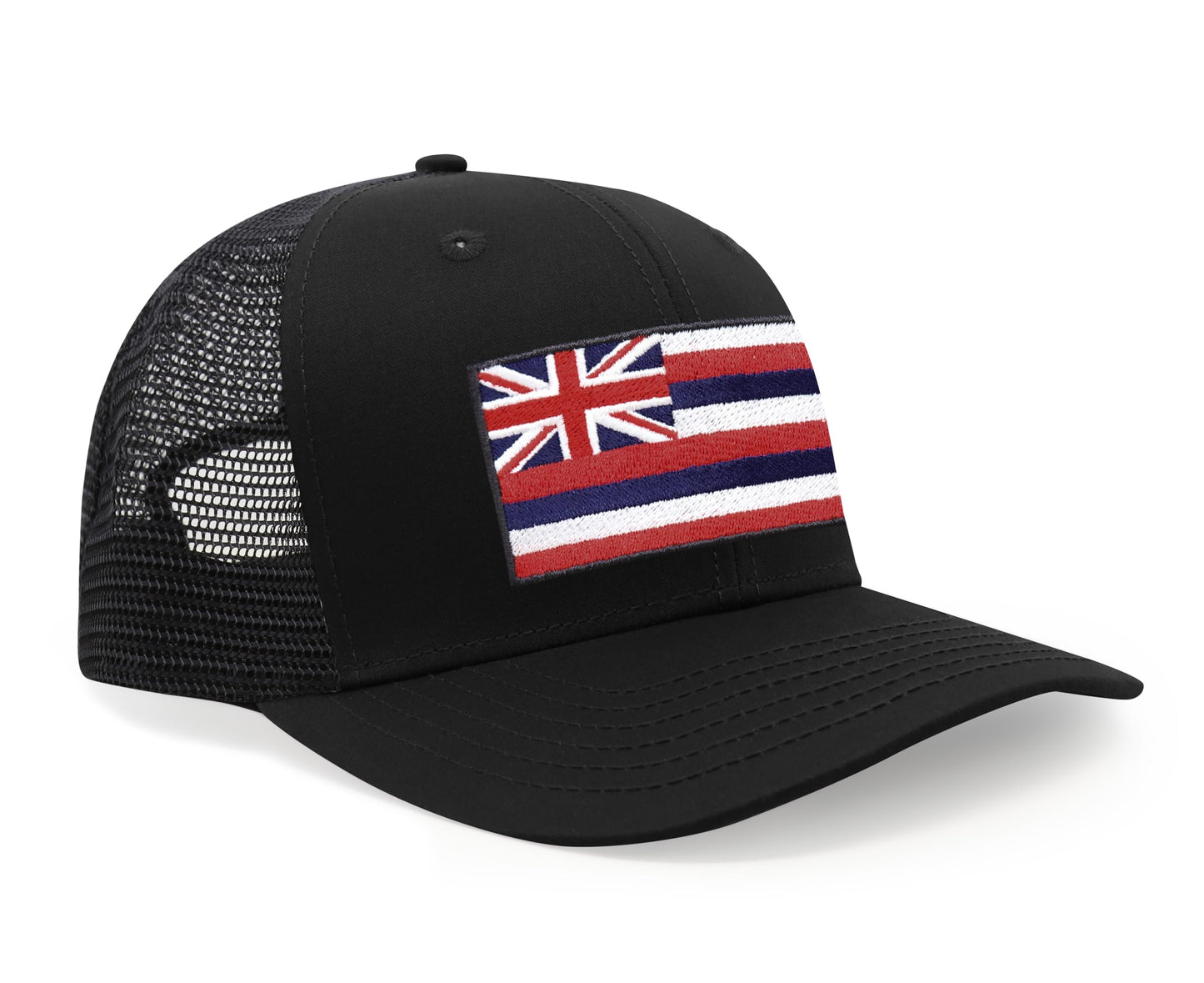 International Tie Hawaiian Flag Trucker Hat for Men & Women - Adjustable Snapback Baseball Cap with Embroidered Patch (All Black)