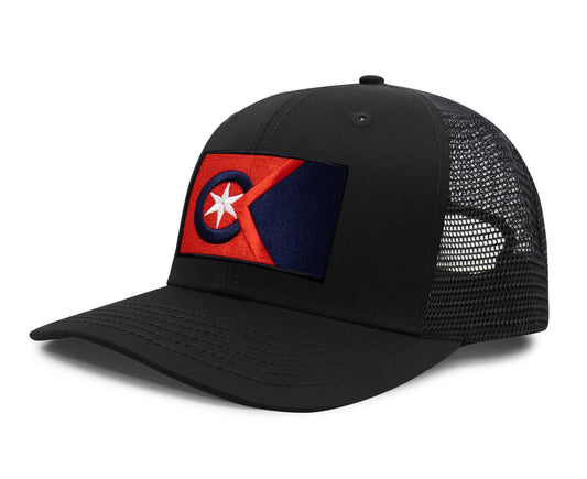International Tie Cleveland Flag Hat for Men and Women - Adjustable Snapback Trucker Baseball Cap (All Black)