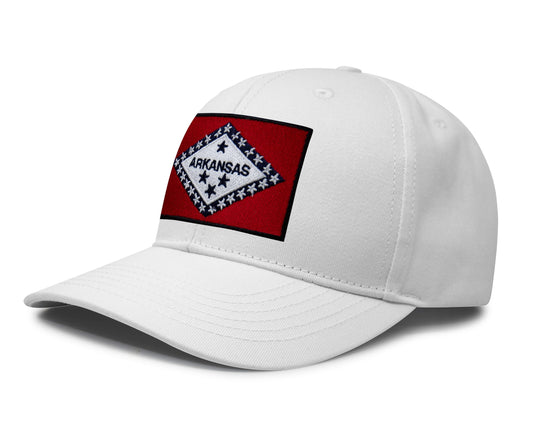 International Tie State Hat for Men and Women, Adjustable Snapback Trucker Baseball Cap with Embroidered Patch (Arkansas, All White)