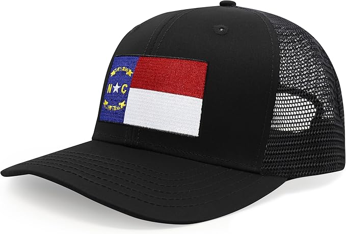 International Tie State Hat for Men and Women, Adjustable Snapback Trucker Baseball Cap with Embroidered Patch (North Carolina, All Black)