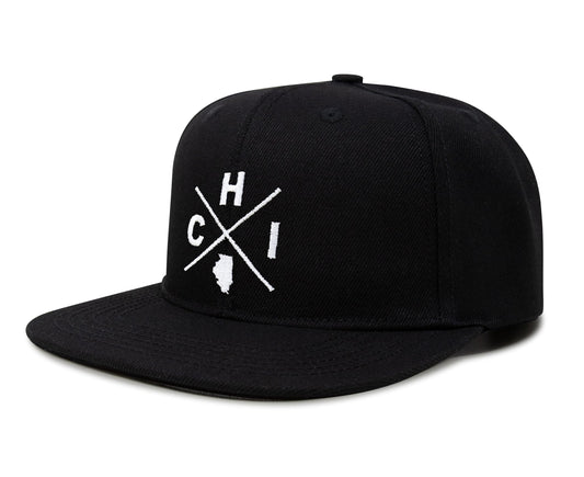 International Tie Hat for Men and Women, Snapback Trucker Baseball Cap, Embroidered Cross Logo (CHI - Chicago, Black Flatbill) - International Tie