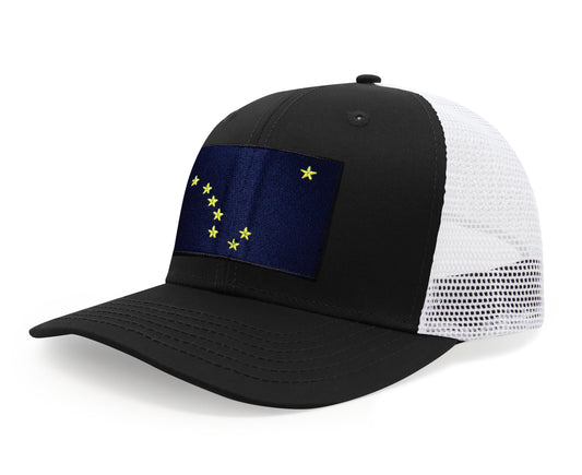 International Tie Premium Alaska Flag Hat for Men and Women - Snapback Trucker Baseball Cap (Black White) - International Tie