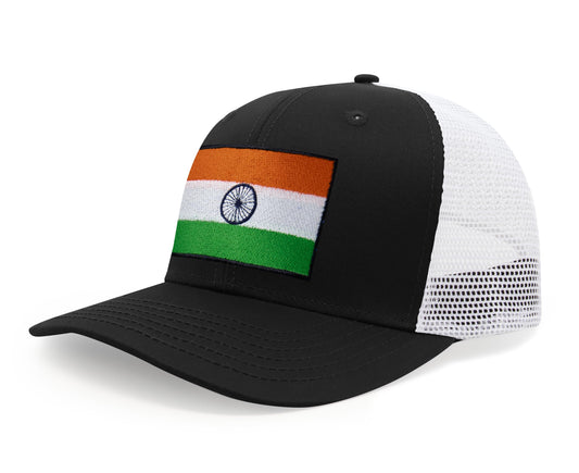 International Tie Indian Flag Hat for Men and Women - Adjustable India Snapback Trucker Baseball Cap (Black White) - International Tie