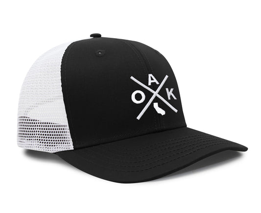 International Tie Hat for Men and Women, Adjustable Snapback Trucker Baseball Cap, Embroidered Cross Logo (OAK - Oakland, Black White) - International Tie