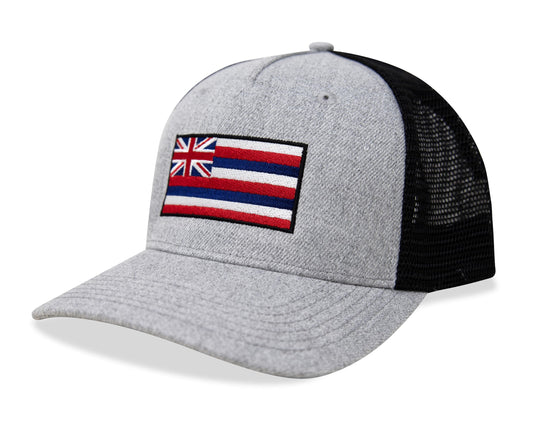 International Tie Hawaiian Flag Trucker Hat for Men & Women - Adjustable Snapback Baseball Cap with Embroidered Patch (Grey/Black)