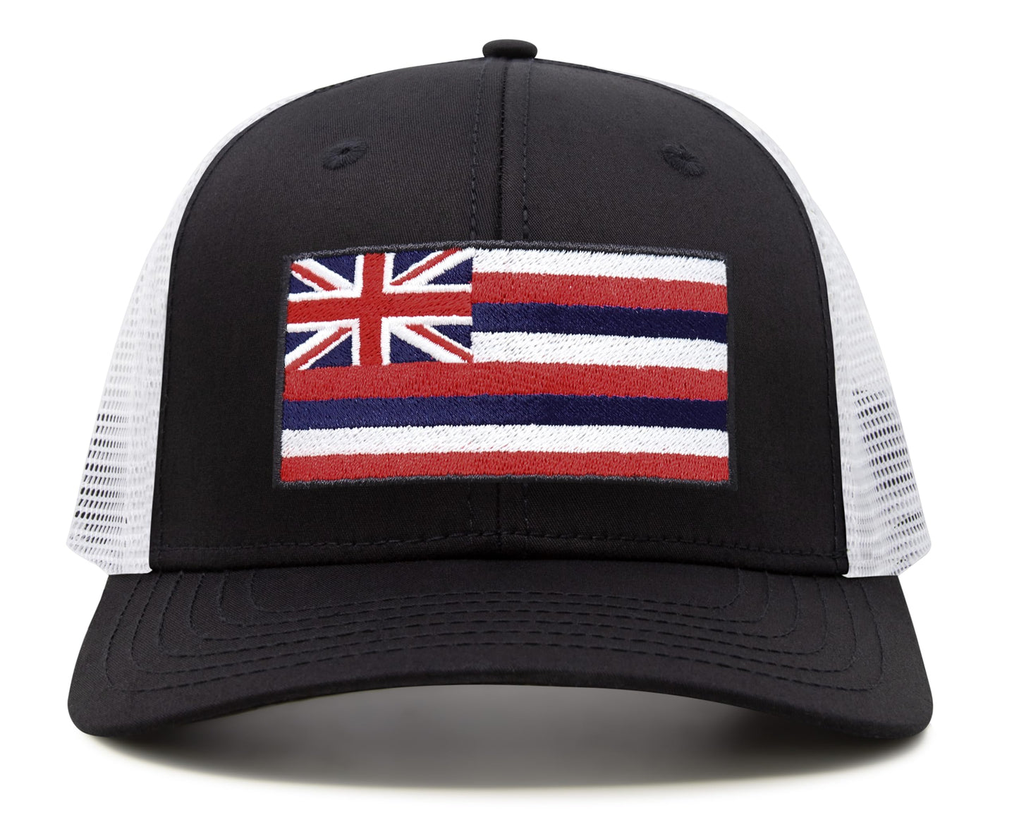 International Tie Hawaiian Flag Trucker Hat for Men & Women - Adjustable Snapback Baseball Cap with Embroidered Patch (Black/White)