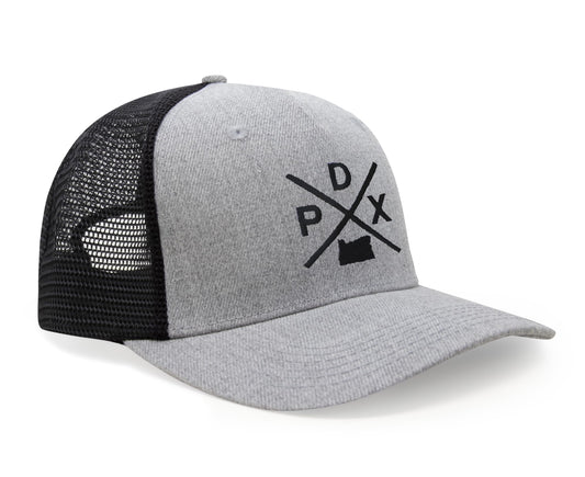 International Tie Hat for Men and Women, Snapback Trucker Baseball Cap, Embroidered Cross Logo (PDX - Portland, Grey Black) - International Tie