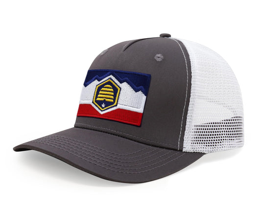 International Tie Premium Utah State Flag Hat for Men and Women - Snapback Trucker Baseball Cap (Grey White)