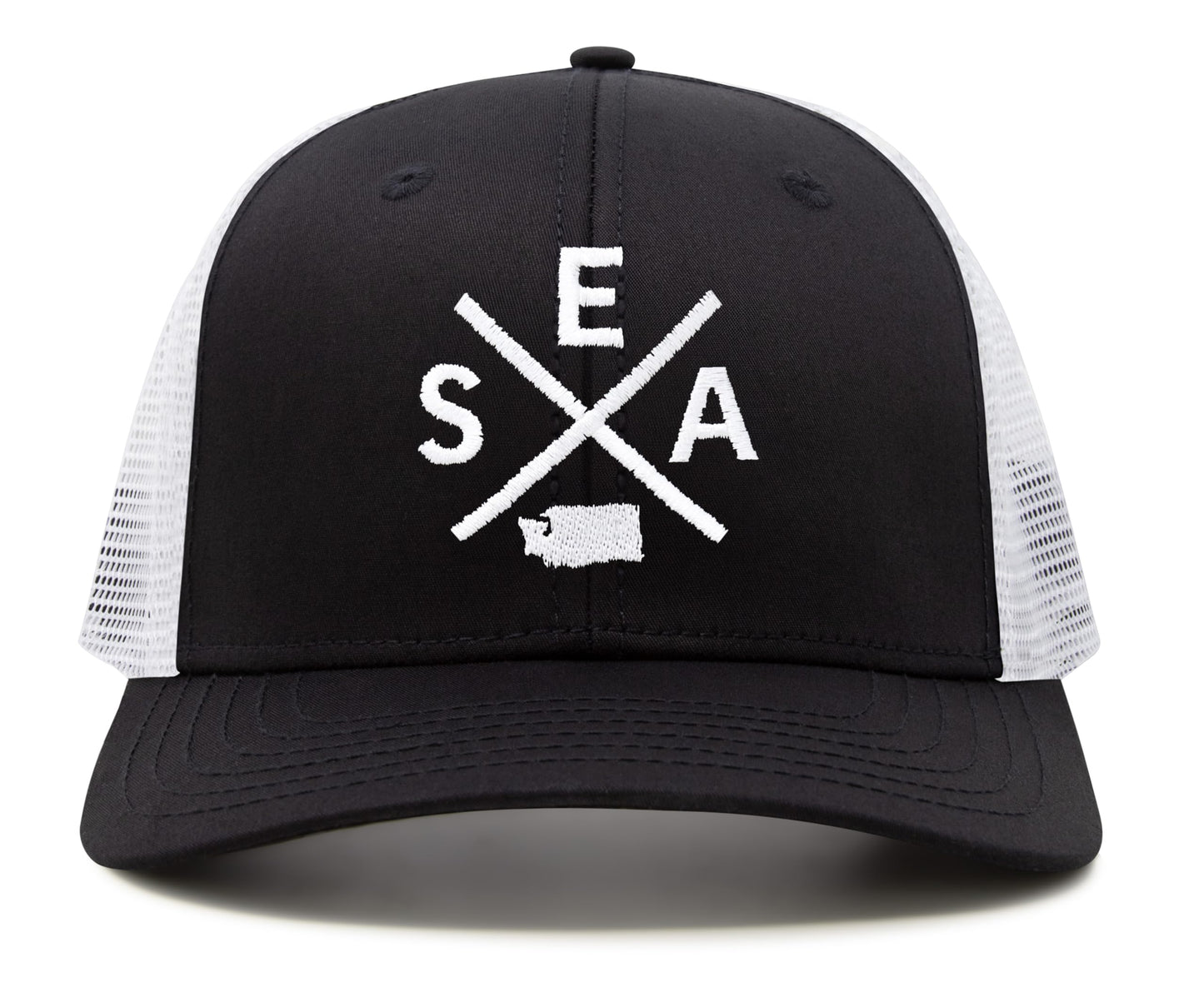 International Tie Seattle SEA Hat for Men and Women - Snapback Trucker Baseball Cap (Black/White)