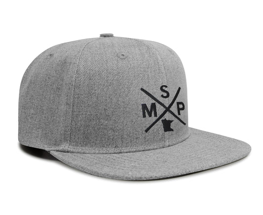 International Tie State City Hat for Men and Women, Snapback Trucker Baseball Cap with Embroidered Cross Logo (MSP - Minneapolis St. Paul, Grey Flatbill)