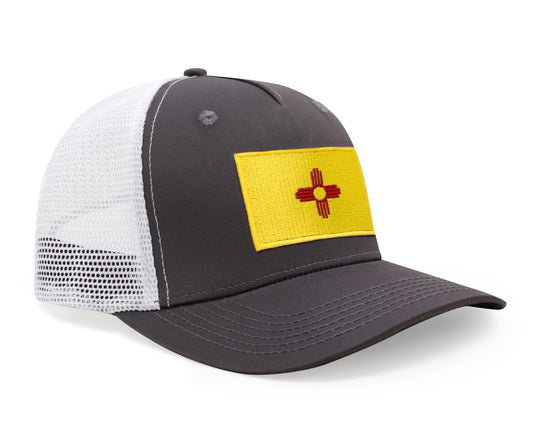 International Tie State Hat for Men and Women, Adjustable Snapback Trucker Baseball Cap with Embroidered Patch (New Mexico, Grey White)