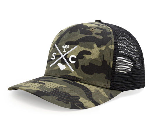 International Tie Hat for Men and Women, Adjustable Snapback Trucker Baseball Cap, Embroidered Cross Logo (SC - South Carolina, Camouflage) - International Tie