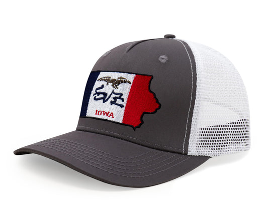 International Tie Stateline Flag Hat for Men and Women - Snapback Trucker Baseball Cap (Iowa, Grey White) - International Tie