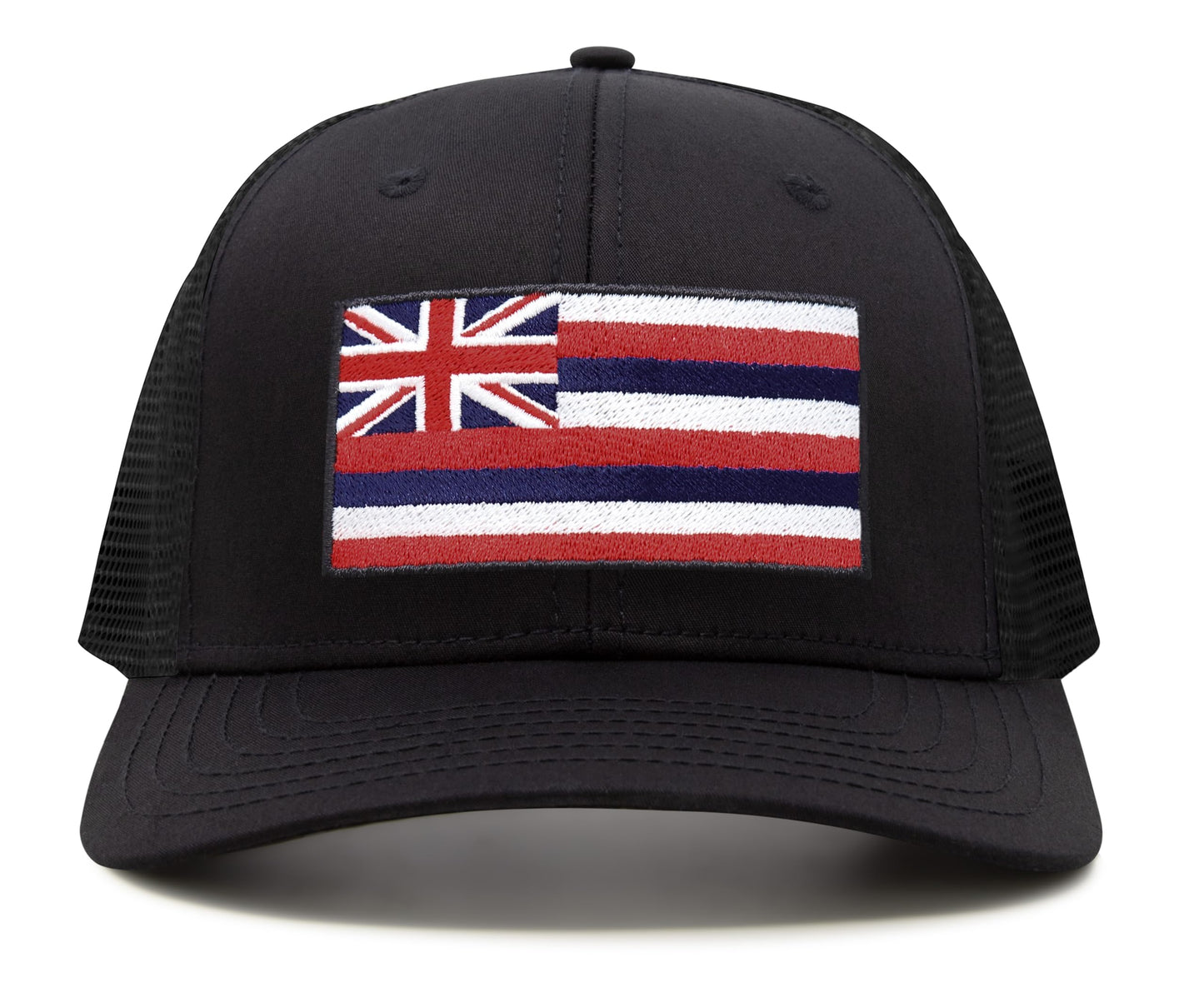 International Tie Hawaiian Flag Trucker Hat for Men & Women - Adjustable Snapback Baseball Cap with Embroidered Patch (All Black)