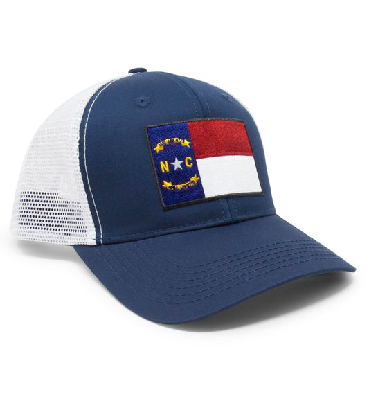 International Tie State Hat for Men and Women, Adjustable Snapback Trucker Baseball Cap with Embroidered Patch (North Carolina, Navy White)