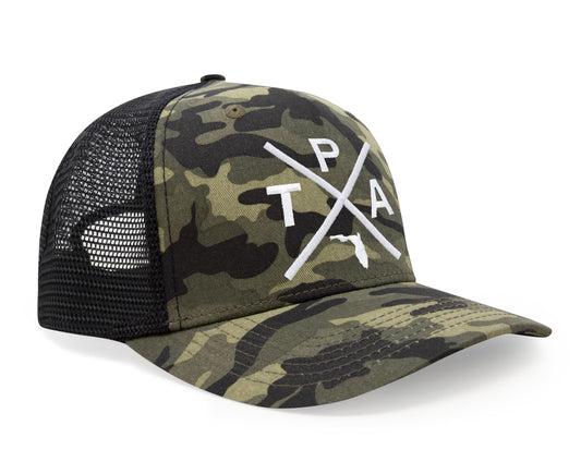 International Tie Hat for Men and Women, Snapback Trucker Baseball Cap, Embroidered Cross Logo (Tampa - TPA, Camouflage)