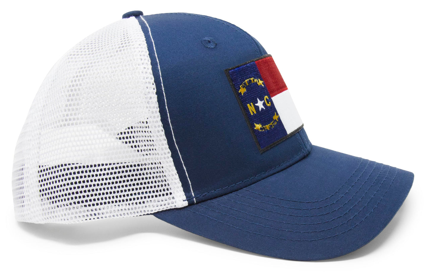 International Tie State Hat for Men and Women, Adjustable Snapback Trucker Baseball Cap with Embroidered Patch (North Carolina, Navy White)