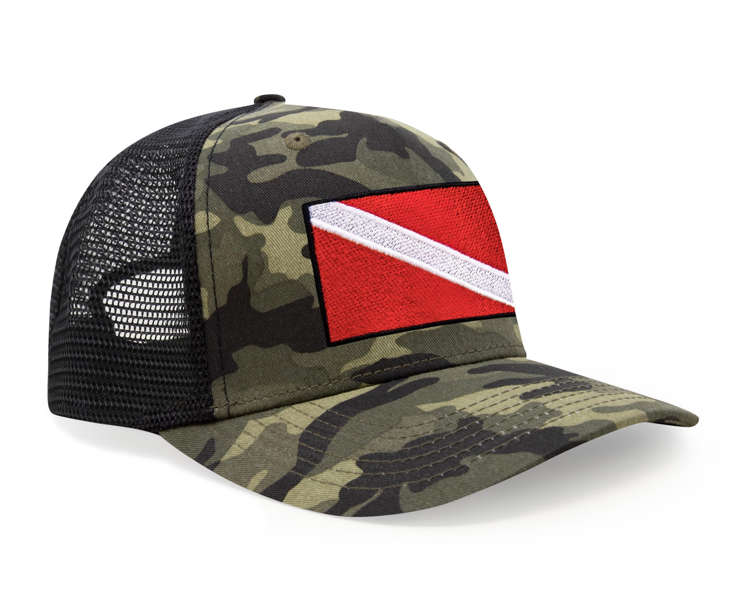 International Tie Scuba Diver Hat for Men and Women, Adjustable Snapback Trucker Baseball Cap with Embroidered Scuba Flag (Camouflage)