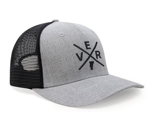 International Tie State City Hat for Men and Women, Snapback Trucker Baseball Cap with Embroidered Cross Logo (Vermont - VER, Grey Black)