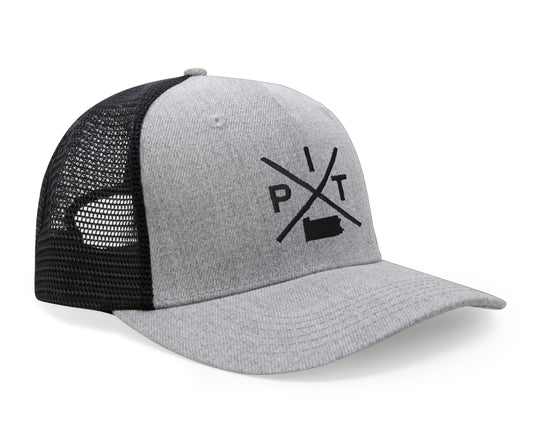 International Tie Hat for Men and Women, Snapback Trucker Baseball Cap, Embroidered Cross Logo (Pit - Pittsburgh, Grey Black)