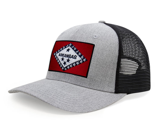 International Tie State Hat for Men and Women, Adjustable Snapback Trucker Baseball Cap with Embroidered Patch (Arkansas, Grey Black)