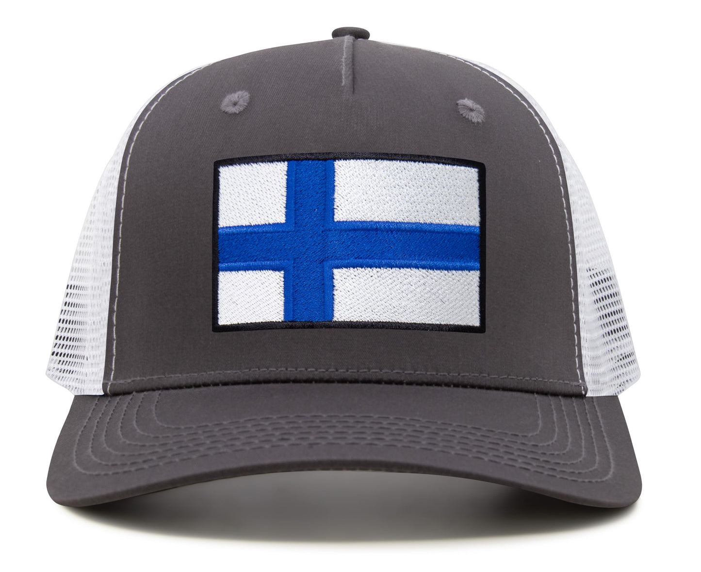 International Tie Finland Flag Hat for Men and Women - Adjustable Snapback Trucker Baseball Cap (Grey White)
