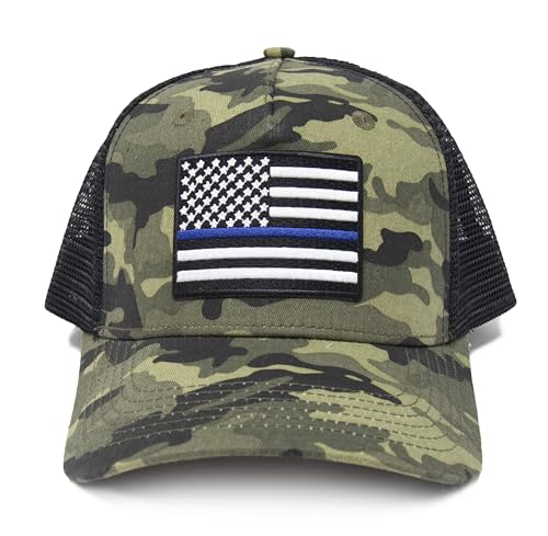 Thin Blue Line Flag Trucker Baseball Snapback Hat (Camouflage) - International Tie - International Tie