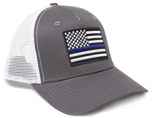 Thin Blue Line Flag Trucker Baseball Snapback Hat (Grey White) - International Tie - International Tie