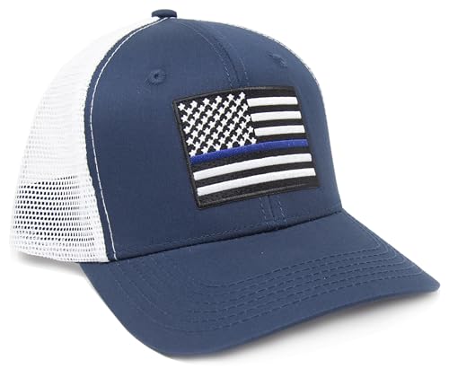 Thin Blue Line Flag Trucker Baseball Snapback Hat (Navy White) - International Tie - International Tie