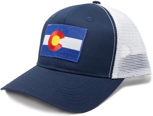 International Tie State Hat for Men and Women, Adjustable Snapback Trucker Baseball Cap with Embroidered Patch (Colorado, Navy White)