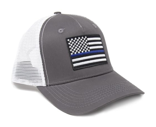 Thin Blue Line Flag Trucker Baseball Snapback Hat (Grey White) - International Tie