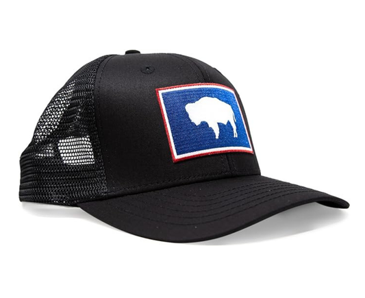 International Tie State Hat for Men and Women, Adjustable Snapback Trucker Baseball Cap with Embroidered Patch (Wyoming, All Black)