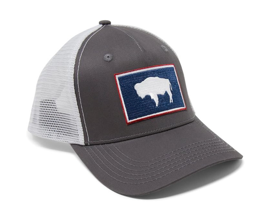 International Tie State Hat for Men and Women, Adjustable Snapback Trucker Baseball Cap with Embroidered Patch (Wyoming, Grey White)
