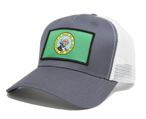 Washington State Flag Trucker Baseball Snapback Hat Grey - International Tie