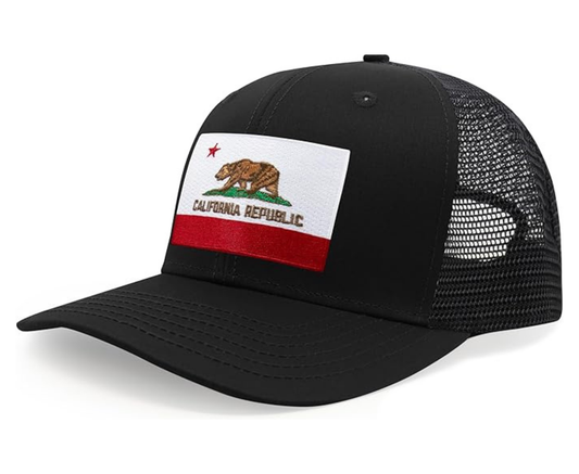 International Tie State Hat for Men and Women, Adjustable Snapback Trucker Baseball Cap with Embroidered Patch (California, All Black)