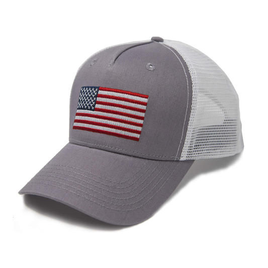 American Flag Trucker Baseball Snapback Hat (Grey White)