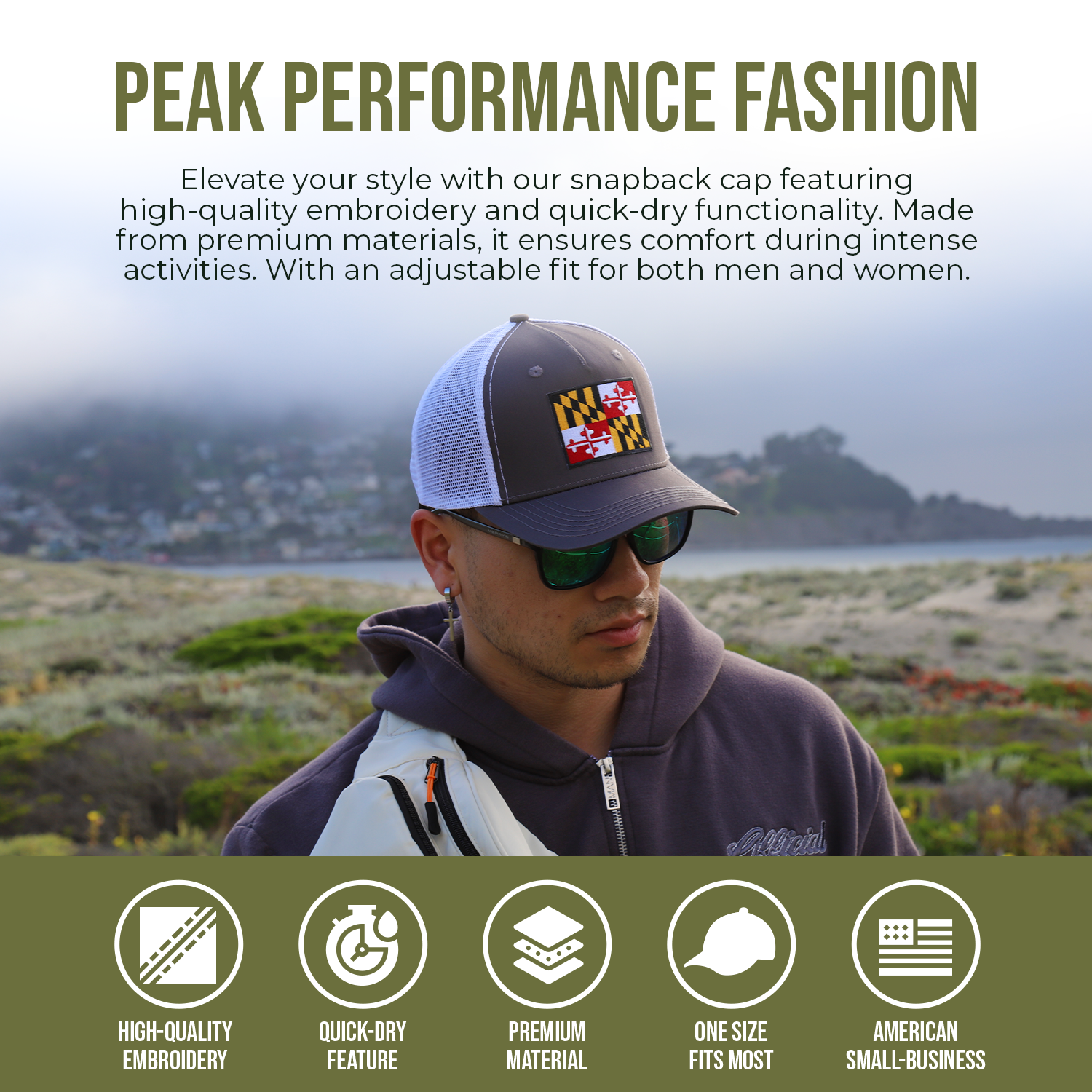 PEAK PERFORMANCE FASHION BANNER 47-International Tie Maryland Flag Snapback Trucker Baseball Hat (Grey/White)