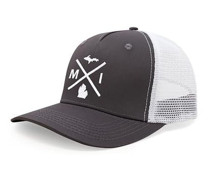 International Tie Michigan MI Hat for Men and Women - Snapback Trucker Baseball Cap (Grey/White)