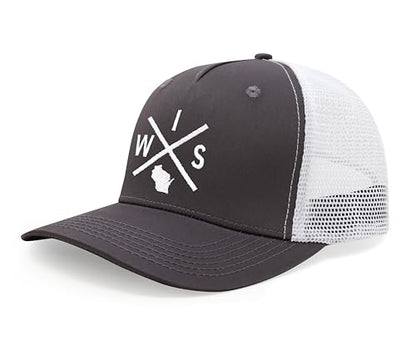 International Tie Wisconsin WIS Hat for Men and Women - Snapback Trucker Baseball Cap (Grey/White)