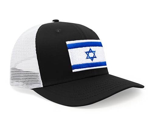 International Tie Premium Israel Flag Hat for Men and Women - Snapback Trucker Baseball Cap (Black White)