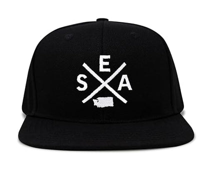 International Tie Seattle SEA Hat for Men and Women - Snapback Trucker Baseball Cap (Black Flatbill)